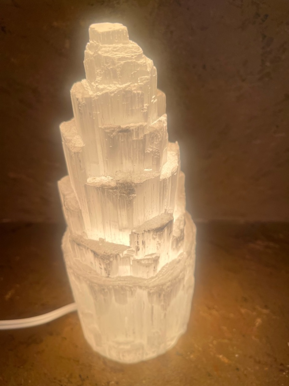 Selenite Crystal Tower Lamp White